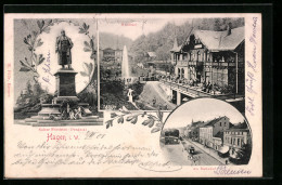 AK Hagen I. W., Kaiser Friedrich-Denkmal, Bahnhof, Gasthaus Waldlust  - Hagen
