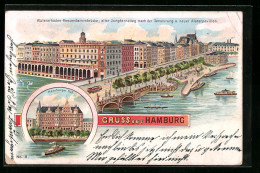 Lithographie Hamburg, Alsterarkaden-Reesendammbrücke, Jungfernstieg  - Mitte