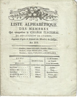 LISTE ALPHABETIQUE DES MEMBRES DU COLLEGE ELECTORAL DE L YONNE- 21 VENTOSE AN XII- 12 MARS 1804- RARE- 12 SCANS- B/TB - Historische Dokumente