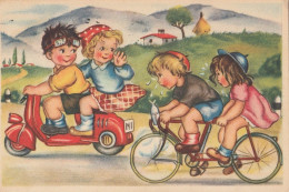 Children Vespa Motorcycle Scooter Bicycle Cycling Old Humoristic Postcard - Radsport