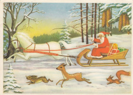 Santa Claus Horse Sled Deer Rabbit Squirrel Old Postcard 1961 - Santa Claus