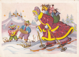 Santa Claus Skiing Pigs W Accordion & Guitar Old Postcard 1966 - Kerstman