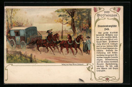 Lithographie Das Postwesen, Brandenburgische Post, Postkutsche Und Postillon Mit Posthorn  - Correos & Carteros