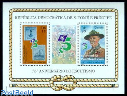 Sao Tome/Principe 1982 75 Years Scouting S/s, Mint NH, Sport - Cycling - Scouting - Stamps On Stamps - Wielrennen