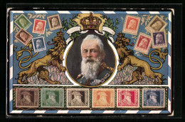 AK Briefmarken Bayerns, Prinzregent Luitpold Mit Krone Und Löwen, Trauerkarte 1912  - Royal Families