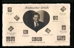 AK Lächelnder Jüngling In Einem Herz-Rahmen, Briefmarkensprache  - Sellos (representaciones)