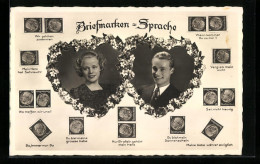 AK Junges Paar In Blumen-Herzen, Briefmarkensprache  - Briefmarken (Abbildungen)