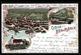 Lithographie Braunsbach A. Köcher, Ortsansicht, Schloss, Villa Pfeiffer U. Neue Brücke  - Autres & Non Classés