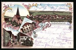 Lithographie Sindolsheim, Ortsansicht, Kirche U. Pfarrhaus, Schulhaus, Hauptstrasse  - Autres & Non Classés