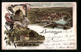 Lithographie Berlichingen, Ortsansicht, Götzenturm, Restauration Z. Brücke Mit Gartenwirtschaft  - Autres & Non Classés