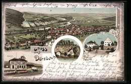 Lithographie Dörzbach, Ortsansicht, Bahnhof, Schloss, Kapelle St. Wendel Zum Stein  - Autres & Non Classés