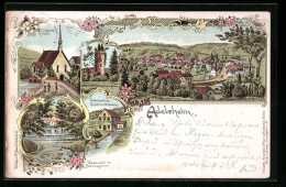 Lithographie Adelsheim, Elektrizitätswerk, St. Jakobs-Kirche, Wasserfall Im Schlossgarten  - Adelsheim