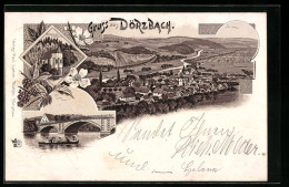 Lithographie Dörzbach, Ortsansicht, St. Wendel Z. Stein, Brücke M. Ruderpartie  - Andere & Zonder Classificatie