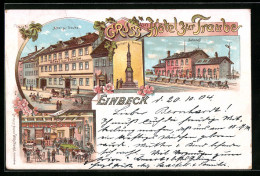 Lithographie Einbeck, Hotel Zur Traube, Innenansicht, Bahnhof  - Einbeck