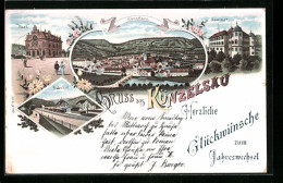 Lithographie Künzelsau, Teilansicht, Seminar, Bahnhof, Neujahrsgruss  - Künzelsau