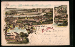 Lithographie Diesbar A. Elbe, Gasthof Zum Ross, Blick Auf Das Elbthal Mit Schloss Hirschstein, Dampfschiffstation  - Hirschstein