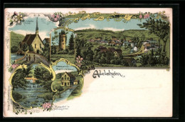 Lithographie Adelsheim, Elektrizitätswerk, Wasserfall Im Schlossgarten, St. Jakobs Kirche  - Adelsheim