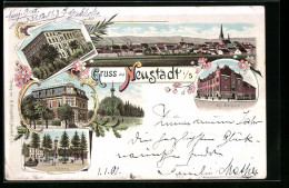Lithographie Neustadt I. S., Panorama, Amtgericht, Gasthaus Auf Dem Ungerberg  - Autres & Non Classés