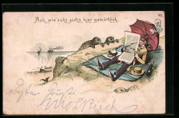 Vorläufer-Lithographie Lesender Herr Am Strand Wird Von Robben Beobachtet, 1892  - Humor