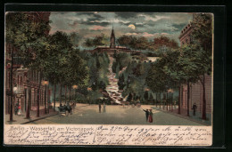 Lithographie Berlin-Kreuzberg, Wasserfall Am Victoriapark Am Abend  - Kreuzberg