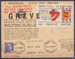 France - Env. Grêve P.T.T. 14 Août 1953 Affr. 5f Flam. SAUMUR /28 VIII 1953 Pour E/V - Griffe "VIA POSTE REST. PRIVEE CH - Briefe U. Dokumente