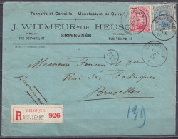 Env. "Tannerie Et Corroirie Cuirs Witmeur-De Heusche" En Recommandé Affr. N°138+141 Càd GRIVEGNEE /8 IX 1919 Pour BRUXEL - 1915-1920 Albert I.