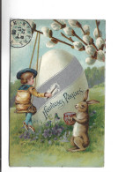 CPA (avec Reflets Argentes Et Dores) GARCON ET LAPIN HEUREUSES PAQUES En 1906! - Easter