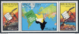 Libya 707 Ac Strip, MNH. Michel 621-623. The Green Book, 1977. World Map, Dove. - Libyen