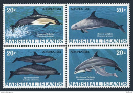 Marshall 54-57a Block, MNH. Mi 19-22. Dolphins 1984. Common, Risso's, Spotter, - Islas Marshall