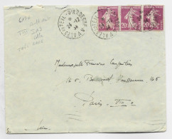 FRANCE SEMEUSE 20C LILASX3 LETTRE AMBULANT VALES AU TEIL D'ARDECHE 24.12.34 COTE 110€ - Railway Post