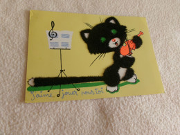 BELLE ILLUSTRATION CARTE FEUTREE .."CHAT..CHATON MUSICIEN." - Contemporánea (desde 1950)