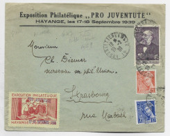 GAMBETTA 55C+ MERCURE LETTRE EXPO PRO JUVENTUTE HAYANGE + VIGNETTE + AMBULANT AUDUN LE TICHE A METZ 1° 1939 COTE 50€ - Correo Ferroviario