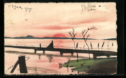 Künstler-AK Handgemalt: Uferpartie Mit Steg Bei Sonnenuntergang  - 1900-1949