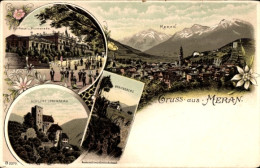 Lithographie Meran Merano Südtirol, Gesamtansicht, Kurhaus, Promenade, Schloss Lebenberg - Autres & Non Classés