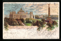 Lithographie Berlin-Tiergarten, Königsplatz, Reichstagshaus, Siegessäule  - Dierentuin