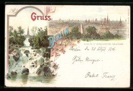 Lithographie Berlin-Kreuzberg, Wasserfall Im Viktoriapark, Panorama  - Kreuzberg