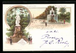 Lithographie Berlin-Tiergarten, Partie Am Wrangelbrunnen, Lessing-Denkmal  - Tiergarten