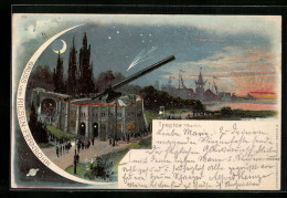 Lithographie Berlin-Treptow, Nachtpartie Am Riesenfernrohr Mit Mond Und Planet  - Treptow