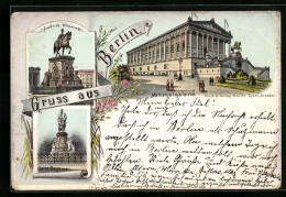 Lithographie Berlin, Nationalgalerie, Friedrich Wilhelm III., Göthe-Denkmal  - Mitte