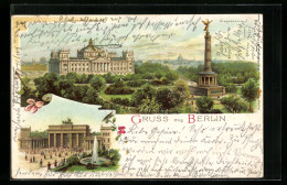 Sonnenschein-AK Berlin-Tiergarten, Siegessäule, Reichstagsgebäude, Brandenburger Thor  - Dierentuin