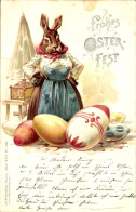 Lithographie Glückwunsch Ostern, Häsin Als Marktfrau, Ostereier - Pâques