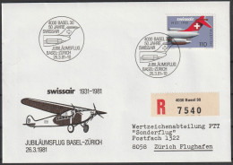 Schweiz: 1981, LuPo R- Fernbrief In EF, Mi. Nr. 1195, SoStpl. 50 JAHRE SWISSAIR / JUBILÄUMSFLUG BASEL-ZÜRICH - First Flight Covers