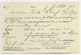 SUISSE HELVETIA 10C CARTE POSTALE REPIQUAGE PH SUCHARD CHEMIN DE FER 1883 NEUCHATEL TO LONDON - Postwaardestukken