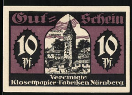 Notgeld Nürnberg, 10 Pfennig, Tiersgärtner Tor, Vereinigte Klosettpapier-Fabriken  - Lokale Ausgaben