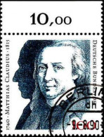 RFA Poste Obl Yv:1305 Mi:1473 Matthias Claudius Poète Bord De Feuille (TB Cachet à Date) Berlin 9-8-90 - Used Stamps