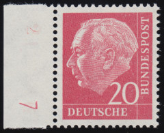 185y Lumogen DZ Heuss 20 Pf. Randstück Mit Druckerzeichen DZ 7, Ungefaltet, ** - Unused Stamps