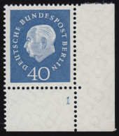 185 Heuss 40 Pf Ecke Ur Mit FN1 ** Postfrisch - Unused Stamps