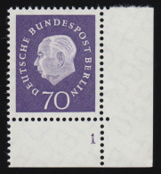 186 Heuss 70 Pf Ecke Ur Mit FN1 ** Postfrisch - Unused Stamps