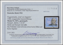 539y Flugpost 3 RM - Waager. Gummiriffelung, BERLIN 11.8.36, Befund Schlegel BPP - Used Stamps
