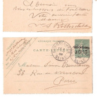 BOIS COLOMBES Carte Lettre Entier 15c Semeuse Lignée Taxe Réduite 0f10 Yv 130-CL1 Mill 551 Ob 1908 Exp Mme ROTHSCHILD - Kaartbrieven